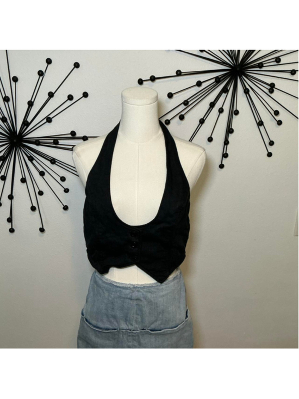 SHEIN Black Halter Crop Top Vest Button Front Open Back Size Large